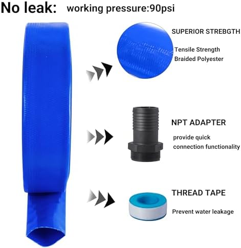2" (Flat 3.4’’ width) x 100 FT Pool Backwash Hose Kit with Male NPT Adapter | Blue Reinforced Pool Drain Discharge Hose for Swimming Pool Filter Pump,with 2 Clamp and Thread Seal Tape