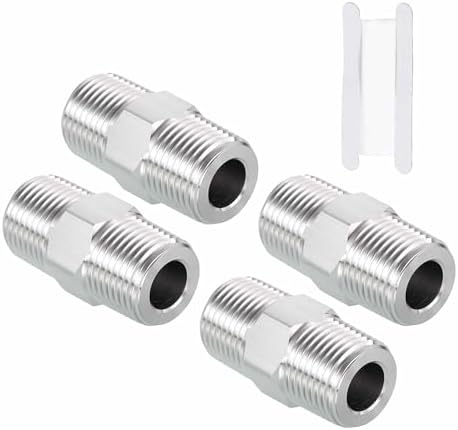 Pack of 4, 3/8" Male NPT To 3/8" Male NPT SUS304 Hex Nipple | Solid Male Pipe Adapter Hose Connectors with Sealing Tape for Pipe Repair, Bathroom Remodel, Tool Extensions, Compression