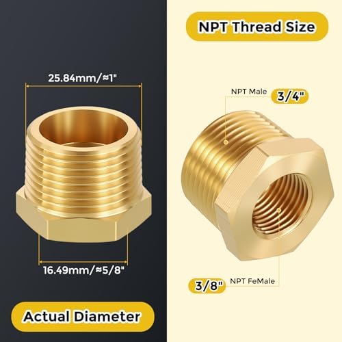 METALLIXITY 5PCS 3/4" MNPT x 3/8" FNPT Thread Brass Hex Bushing Extension | Brass Pipe Fittings, Tube Adapters Convert for Water Line, Tub Spout/Shower Head