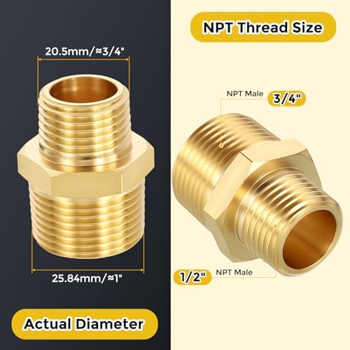 METALLIXITY 2PCS 3/4" MNPT x 1/2" MNPT Thread Brass Hex Nipple Adapter | Male Straight Extension Adapters, Brass Pipe Fittings with Sealing Tape for Water Line, Tub Spout/Shower Head