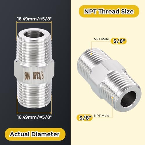 METALLIXITY 3PCS 3/8" MNPT x 3/8" MNPT Thread SUS304 Hex Nipple Adapter | Male Straight Extension Adapters, 304 Stainless Steel Pipe Fittings for Water Line, Tub Spout/Shower Head