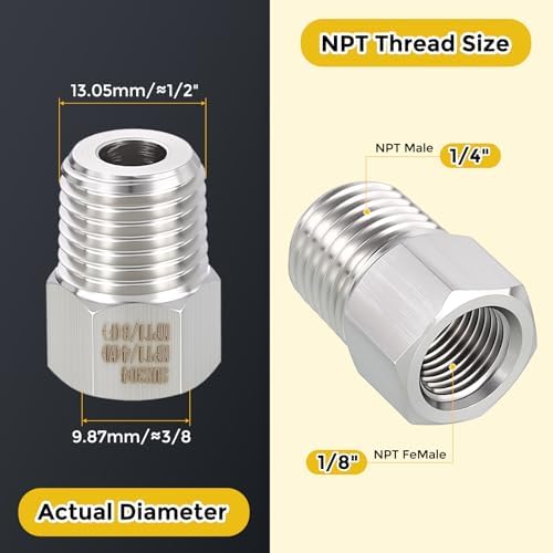 METALLIXITY 3PCS 1/4" MNPT x 1/8" FNPT Thread SUS304 Hex Bushing Extension | 304 Stainless Steel Pipe Fittings, Tube Adapters Convert for Water Line, Tub Spout/Shower Head