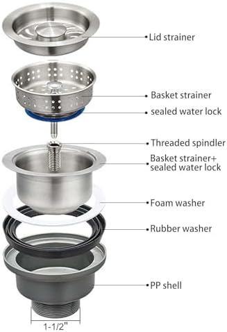 3-1/2 ‘’Kitchen Sink Drain Assembly Kit 304 Stainless Steel Sink Strainer Drain Basket Replacement with Sink Stopper Sealing Lid for Kitchen Bathroom Drain Kit