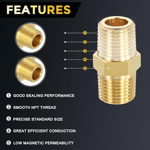 METALLIXITY 5PCS 1/8" MNPT x 1/8" MNPT Thread Brass Hex Nipple Adapter | Male Straight Extension Adapters, Brass Pipe Fittings for Water Line, Tub Spout/Shower Head