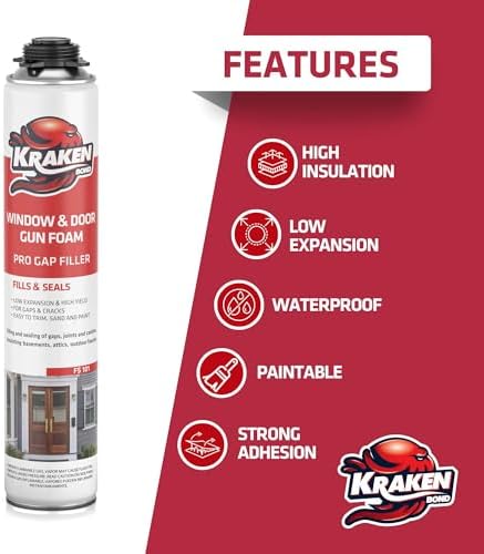 Kraken Bond Window & Door Expanding Foam Sealant - (12x24oz) Professional Gap Filling Gun Use Polyurethane Spray Foam, Low Expansion Waterproof Gap Filler, Gun&Cleaner Included - 12 Pack