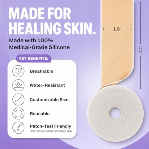 AWD Medical Silicone Scar Tape, Medical Grade, 1.6in x 120in Pre-Cut | Reusable Silicone Scar Sheets, Pre-Cut for C-Section, Surgery, Keloid & Acne; Latex-Free, Water-Resistant, FSA Eligible