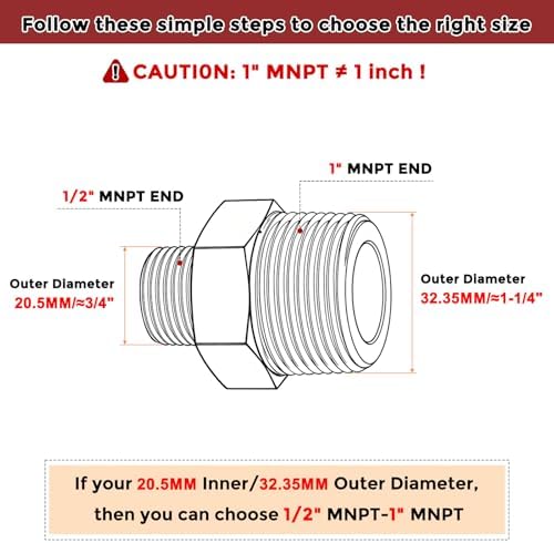 1" Male NPT to 1/2" Male NPT SUS304 Hex Nipple | Solid Male Pipe Adapter Hose Connectors for Pipe Repair, Bathroom Remodel, Tool Extensions, Compression, Irrigation