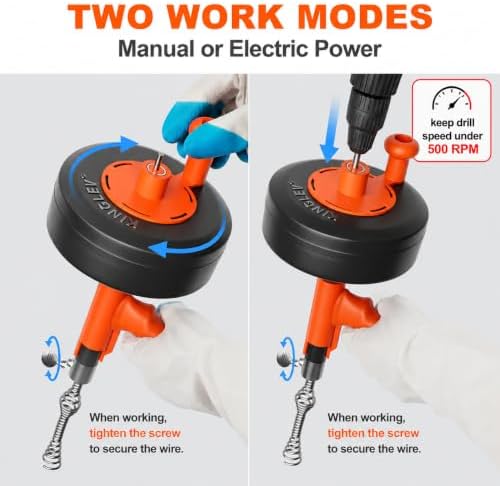 Drain Auger, Plumbing Snake With Drill Adapter, 35ft Heavy Duty Flexible Sink Steel Plumbing Auger Bathroom Hair Clog Removal Tool, Manual Or Powered - No auto retract or feed