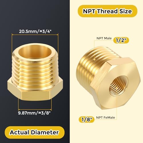 METALLIXITY 10PCS 1/2" MNPT x 1/8" FNPT Thread Brass Hex Bushing Extension | Brass Pipe Fittings, Tube Adapters Convert for Water Line, Tub Spout/Shower Head
