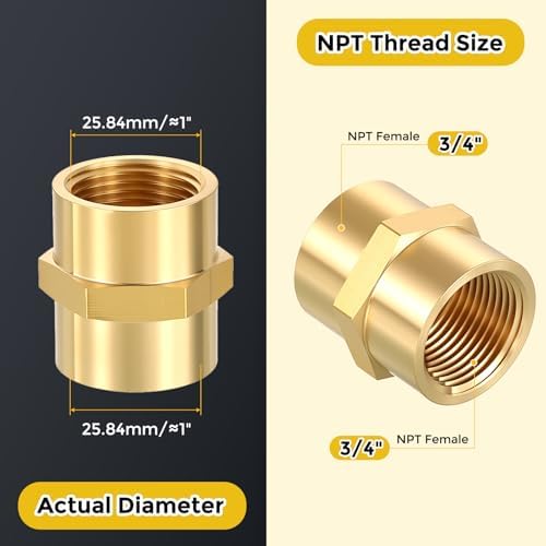 METALLIXITY 2PCS 3/4" FeMale NPT x 3/4" FeMale NPT Thread Brass Coupling | Brass Pipe Fittings, Coupler Hex Head Adapter for Water Line, Tub Spout/Shower Head