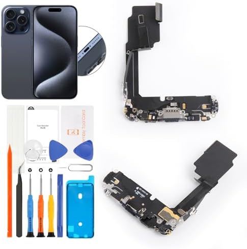 for iPhone 15 Pro Lightning Charging Port Replacement (Blue Titanium) USB Dock Connector Flex Cable Assembly with Waterproof Tape Tool Kit for A2848, A3101, A3102, A3104