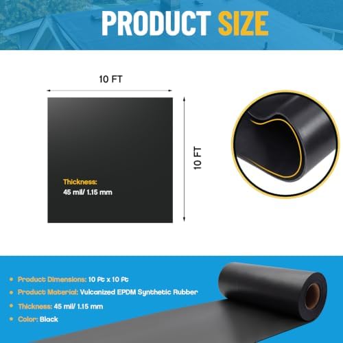 Epdm Rubber Roofing, Waterproofing Membrane, 45 Mil, 10 x 10 ft