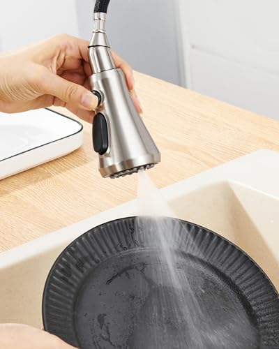 Kitchen Faucet Head Replacement, 3-Function Pull Down Faucet Spray Head with 15 Adapters - Replacement Pull-Out Sink Spout Sprayer Nozzle, Brushed Nickel