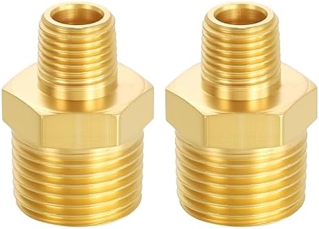 METALLIXITY 2PCS 3/8" MNPT x 1/8" MNPT Thread Brass Hex Nipple Adapter | Male Straight Extension Adapters, Brass Pipe Fittings for Water Line, Tub Spout/Shower Head