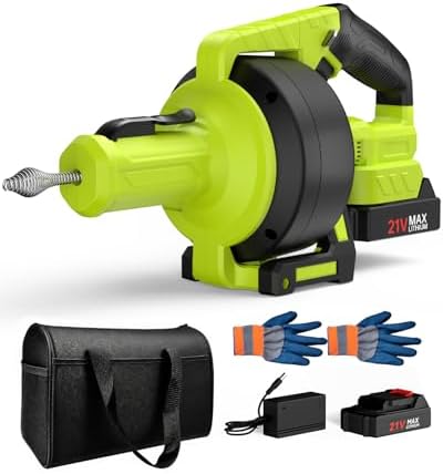 Ublue 21V Cordless Electric Drain Auger, 25Ft Auto Feed Drain Snake for Clog Remover with 2.0Ah Battery, Plumbing Snake for Sink Toilet Bathroom Shower Pipes 3/4"-2.95", Included Bag Gloves Rag