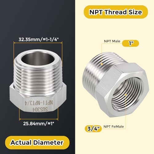 METALLIXITY 1PCS 1" MNPT x 3/4" FNPT Thread SUS304 Hex Bushing Extension | 304 Stainless Steel Pipe Fittings, Tube Adapters Convert for Water Line, Tub Spout/Shower Head