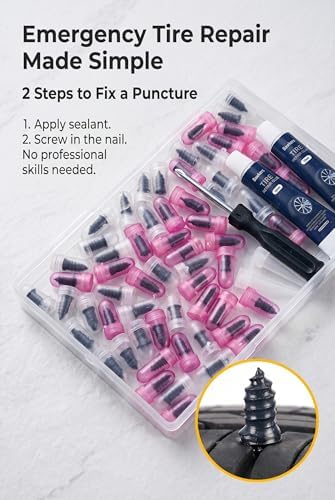 63 PCS Tire Repair Rubber Nails Kit with 2 Tubes of Black Tire Sealant Glue, Screw in Tire Plugs Set for Cars Motorcycles Trucks