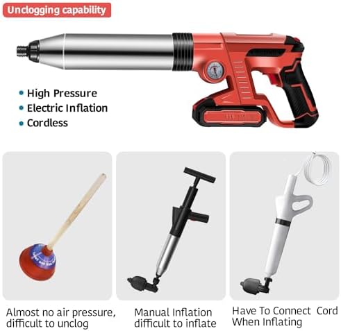 Electric Toilet Plunger，Drain Clog Remover Tools,High Pressure Air Toilet Plungers Heavy Duty Plunger For Toilet,Bathroom,Floor Drain,Sewer,Pipe，RED