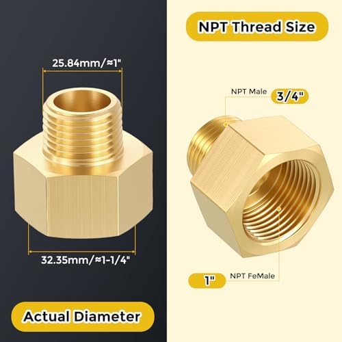 METALLIXITY 1PCS 1" FNPT x 3/4" MNPT Thread Brass Hex Extension Adapters | Brass Pipe Fittings, Female to Male Adapters for Water Line, Tub Spout/Shower Head