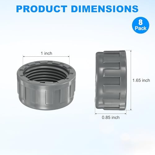 M METERXITY 8-Pack PVC Pipe End Cap Plug Adapter 1 inch, Gray | Female Thread Water End Cap Connector, with Sealing Tape, for Yard, Watering Irrigation Systems