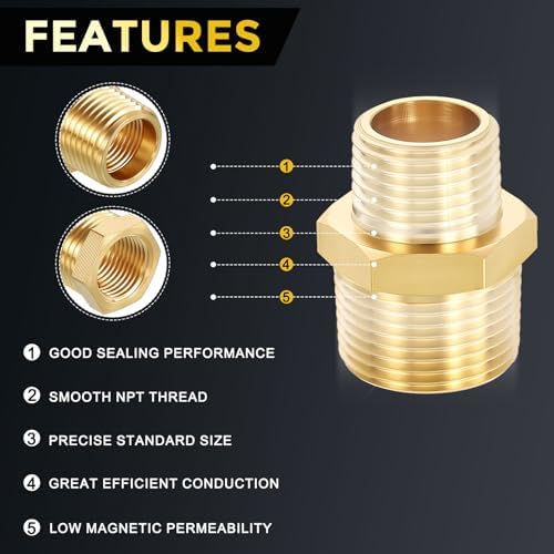 METALLIXITY 2PCS 3/4" MNPT x 1/2" MNPT Thread Brass Hex Nipple Adapter | Male Straight Extension Adapters, Brass Pipe Fittings for Water Line, Tub Spout/Shower Head