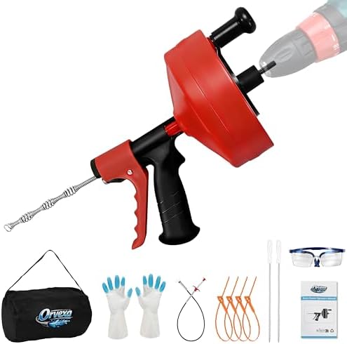 Drain Snake 35 Ft with Drill Attachment, Auto Feed 1/4 Inch Plumbing Snake for Sink, Shower & Tub Clogs, Manual or Drill-Powered Drain Auger, with Gloves, Safety Glasses & Storage Bag