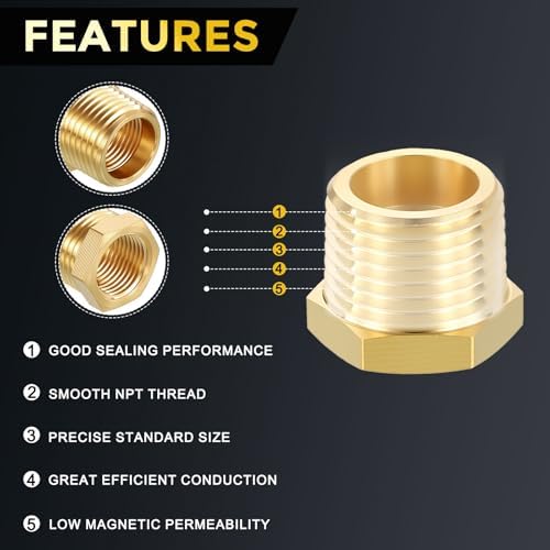 METALLIXITY 10PCS 1/2" MNPT x 1/8" FNPT Thread Brass Hex Bushing Extension | Brass Pipe Fittings, Tube Adapters Convert for Water Line, Tub Spout/Shower Head