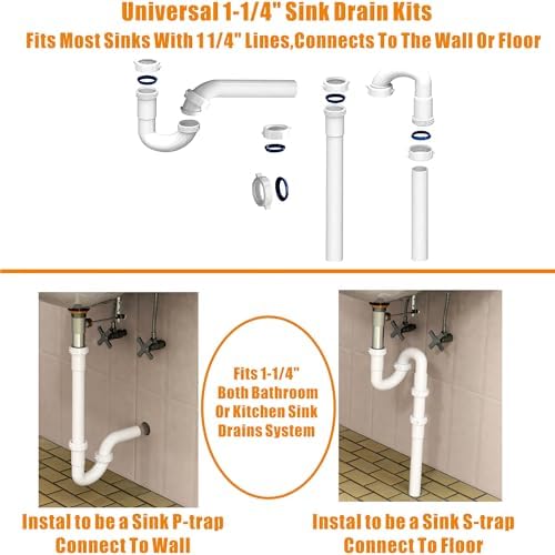 Bathroom Sink Drain Kit,for Most 1-1/4” Bathroom & Kitchen Sink Drain Repair,1-1/4” P Trap or S Trap Sink Plumbing Kit,Sink Pipe Replacement Parts