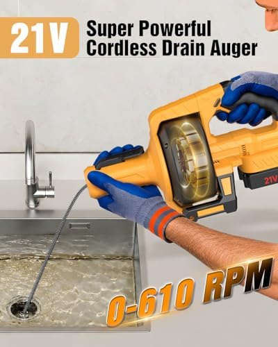 Ublue 21V Cordless Electric Drain Auger, 25Ft Auto Feed Drain Snake for Clog Remover with 2.0Ah Battery, Plumbing Snake for Sink Toilet Bathroom Shower Pipes 3/4"-2.95", Included Bag Gloves Rag