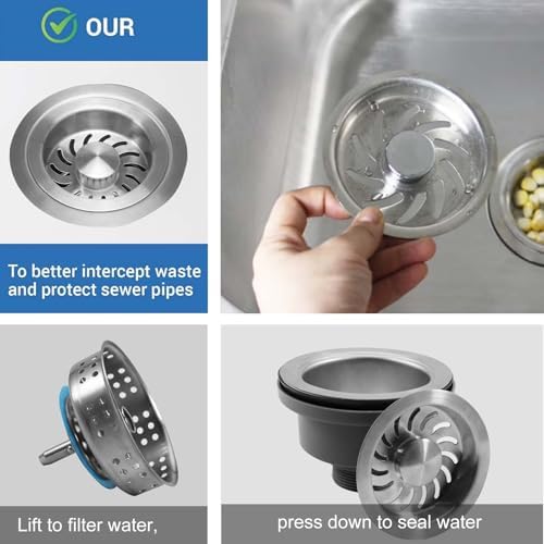 3-1/2'' ﻿Kitchen Sink Drain Kit Sink Drain Basket Sink Drain Assembly 304 Stainless Steel Sink Strainer Basket Stopper for Home Standard Kitchen Sinks （1 1/2" Tailpiece）