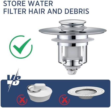 Universal 2 in 1Bathroom Sink Stopper, 2 Pack Pop Up Bathroom Sink Drain Strainer for 1.06"-1.65" Basin Drain Holes, Anti Clogging Drain Filter(Chrome Silver)