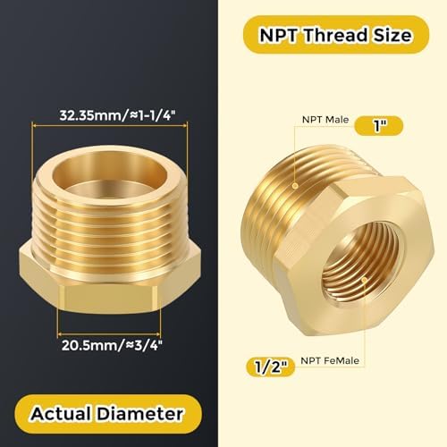 METALLIXITY 5PCS 1" MNPT x 1/2" FNPT Thread Brass Hex Bushing Extension | Brass Pipe Fittings, Tube Adapters Convert for Water Line, Tub Spout/Shower Head