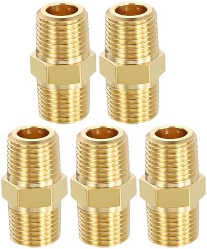 METALLIXITY 5PCS 1/8" MNPT x 1/8" MNPT Thread Brass Hex Nipple Adapter | Male Straight Extension Adapters, Brass Pipe Fittings for Water Line, Tub Spout/Shower Head