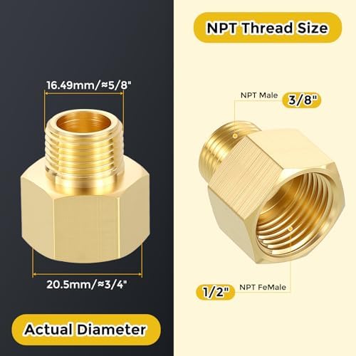 METALLIXITY 2PCS 1/2" FNPT x 3/8" MNPT Thread Brass Hex Extension Adapters | Brass Pipe Fittings, Female to Male Adapters for Water Line, Tub Spout/Shower Head