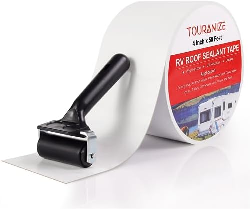 RV Roof Tape with Rubber Roller, 4 Inch x 50 Feet RV Sealant Tape for Camper Roof Repair, Boat Sealing, Trailer Roofing Seam Leaks, UV Resistant, Waterproof, White