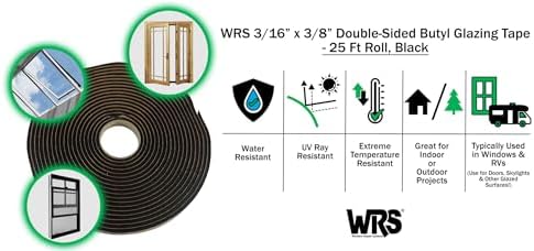 WRS 3/16" x 3/8" Double Sided Butyl Tape, 25 Ft, Black, for Windows & Doors | Creates a Waterproof, Mess Free Seal; Great for RVs, Automotive, Roofing & Joint Sealing; Rubber Adhesive; Sold Individually