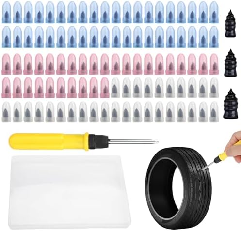 Linkstyle 100PCS Tire Repair Kit, Screw-in Tire Plug Set with 3 Sizes Rubber Plugs, Flat Tire Puncture Repair Screws for Car Truck Motorcycle SUV Roadside Emergency Fix with Screwdriver & Storage Case