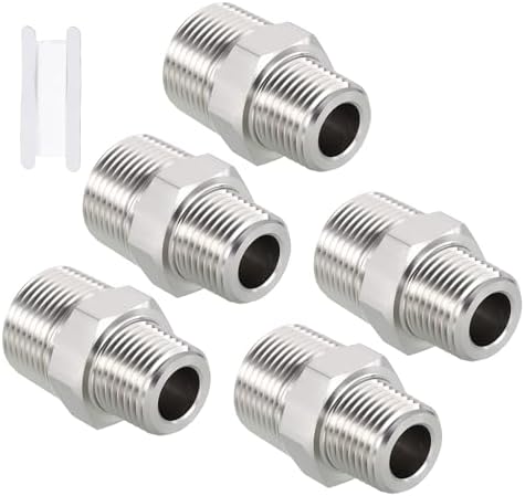 Pack of 5, 3/4" Male NPT to 1/2" Male NPT SUS304 Hex Nipple | Solid Male Pipe Adapter Hose Connectors with Sealing Tape for Pipe Repair, Bathroom Remodel, Tool Extensions, Compression