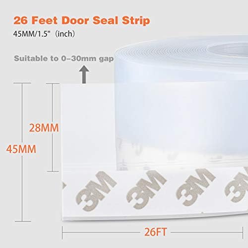 26 Feet Silicone Seal Strip,Door Weather Stripping Door Seal Strip Window Seal Silicone Sealing Tape for Door Draft Stopper Adhesive Tape (Transparent, 45mm)