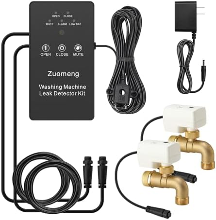 Washing Machine Water Leak Detector Kit with Dual Power Supply, Precise Sensor, Automatic Shut-Off Hot & Cold Valves 3/4" 90° , Alarm Sound and Alarm Light