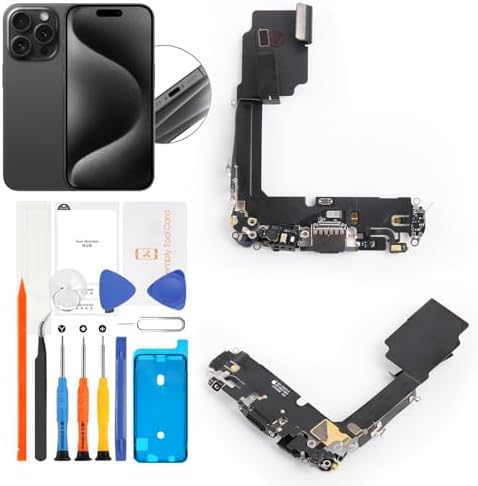 for iPhone 15 Pro Lightning Charging Port Replacement (Black Titanium) USB Dock Connector Flex Cable Assembly with Waterproof Tape Tool Kit for A2848, A3101, A3102, A3104