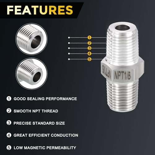 METALLIXITY 5PCS 1/8" MNPT x 1/8" MNPT Thread SUS304 Hex Nipple Adapter | Male Straight Extension Adapters, 304 Stainless Steel Pipe Fittings for Water Line, Tub Spout/Shower Head