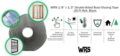 WRS 1/8" x 1/2" Double Sided Butyl Tape, 25 Ft, Black, for Windows & Doors | Creates a Waterproof, Mess Free Seal for Glass, RVs, Skylights, Roofing Joints & Flashing; Rubber Adhesive; Sold Individually