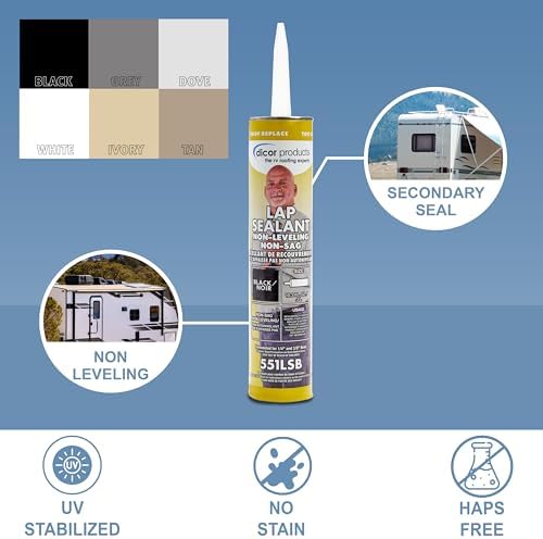 Dicor 551LSB-1 HAPS-Free NON-Leveling Lap Sealant - 10.3 Oz, Black, Secure, Ideal for RV Roofing, Maintenance, Repair, Appliance Application