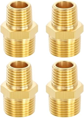 METALLIXITY 4PCS 3/8" MNPT x 1/4" MNPT Thread Brass Hex Nipple Adapter | Male Straight Extension Adapters, Brass Pipe Fittings for Water Line, Tub Spout/Shower Head