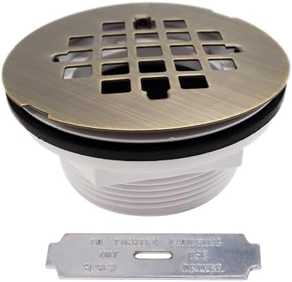 Westbrass D206P-06 2" No-Caulk PVC Compression Shower Drain with 4-1/4" Round Grid Cover, Antique Brass