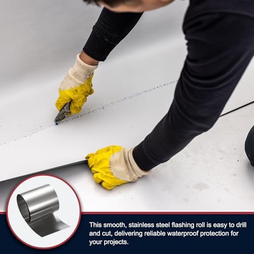 uxcell Stainless Steel Flashing Roll, 3.9in x 3.3ft Metal Roof Panels 0.3mm Waterproof Sheet Roll with Cut Proof Gloves for House Repair, Roof Flashing, Sealing Windows Doors