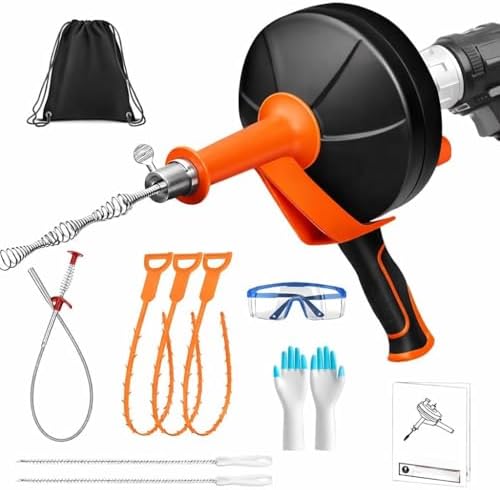 Drain Auger 33ft Drain Clog Remover with Drill Adapter, Flexible Plumbing Snake for Kitchen, Bathroom & Shower, Manual or Drill Powered (33ft Drain Auger + Tool Kit)