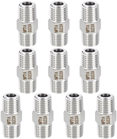 METALLIXITY 10PCS 1/4" MNPT x 1/4" MNPT Thread SUS304 Hex Nipple Adapter | Male Straight Extension Adapters, 304 Stainless Steel Pipe Fittings for Water Line, Tub Spout/Shower Head