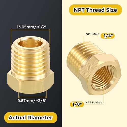 METALLIXITY 6PCS 1/4" MNPT x 1/8" FNPT Thread Brass Hex Bushing Extension | Brass Pipe Fittings, Tube Adapters Convert for Water Line, Tub Spout/Shower Head